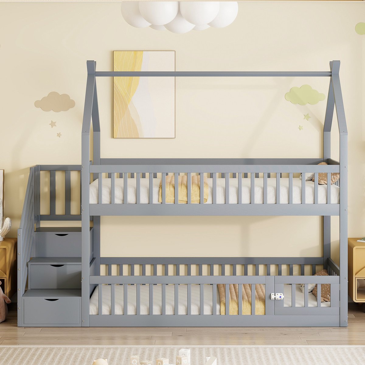 VVBV Stapelbed 90x200 – Kinderstapelbed met Opbergtrap, Opbergruimte en Lades – Massief Hout – Grijs – Voor Kinderen en Tieners – Stapelbed met Trap