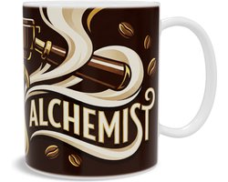 Mok The Espresso Alchemist met vintage barista-illustratie
