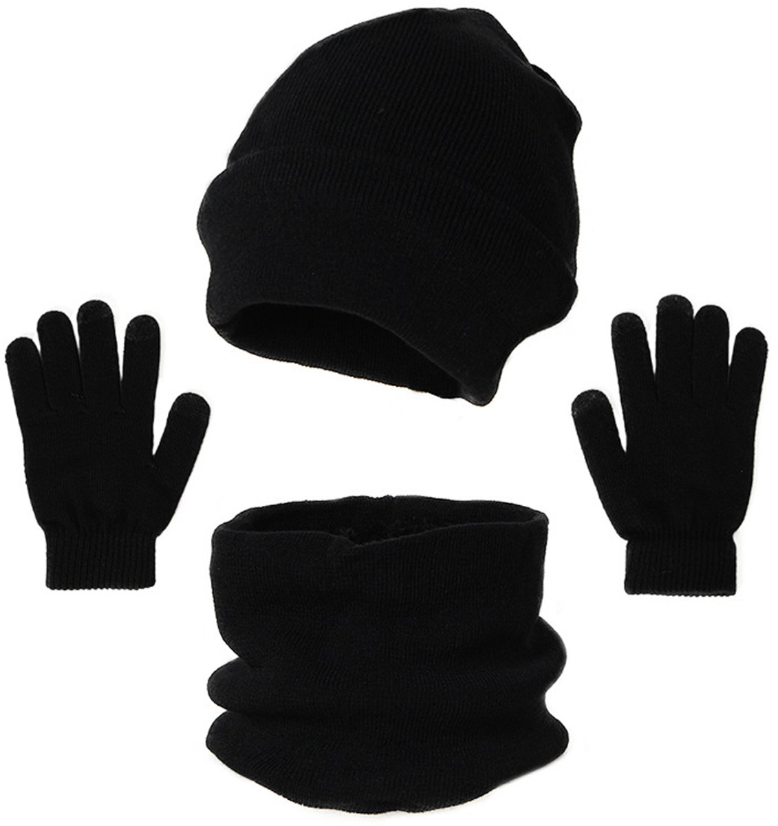 3-delige wintermuts-sjaal-handschoenenset, modieuze gebreide, verdikte muts-sjaal-handschoenen voor mannen en vrouwen, herfst-winterkoudebestendige, warme driedelige set cadeaus, Zwart