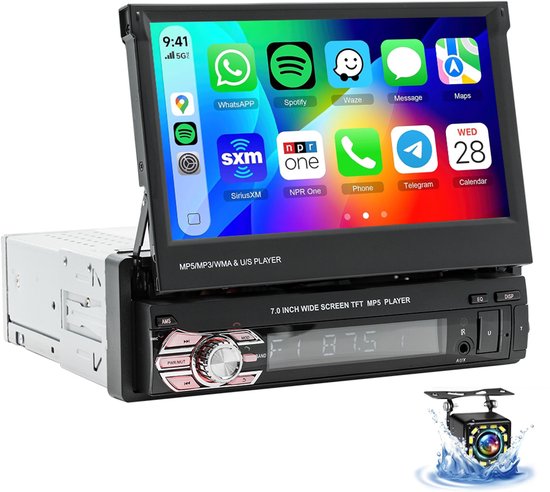 ESSGOO 1Din Autoradio Met Bluetooth - Apple Carplay & Android Auto - 7" HD Touchscreen Handmatig Opvouwbaar Scherm - USB, AUX, FM, EQ, TF - 12 LEDs Achteruitrijcamera