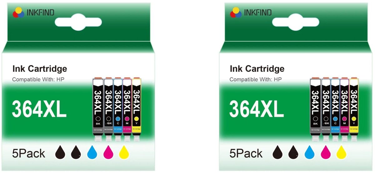 INKFIND 364XL inktcartridge voor HP 364XL inktcartridge multipack 10 stuks (2*5pack = Zwart x 4, Cyaan x 2, Magenta x 2, Geel x 2) voor HP 364XL / 364 Deskjet 3070A 3520 Officejet 4620 4622 Photosmart D5460 C5380 C6380 B8550 5510 5515 5520 6510 6520