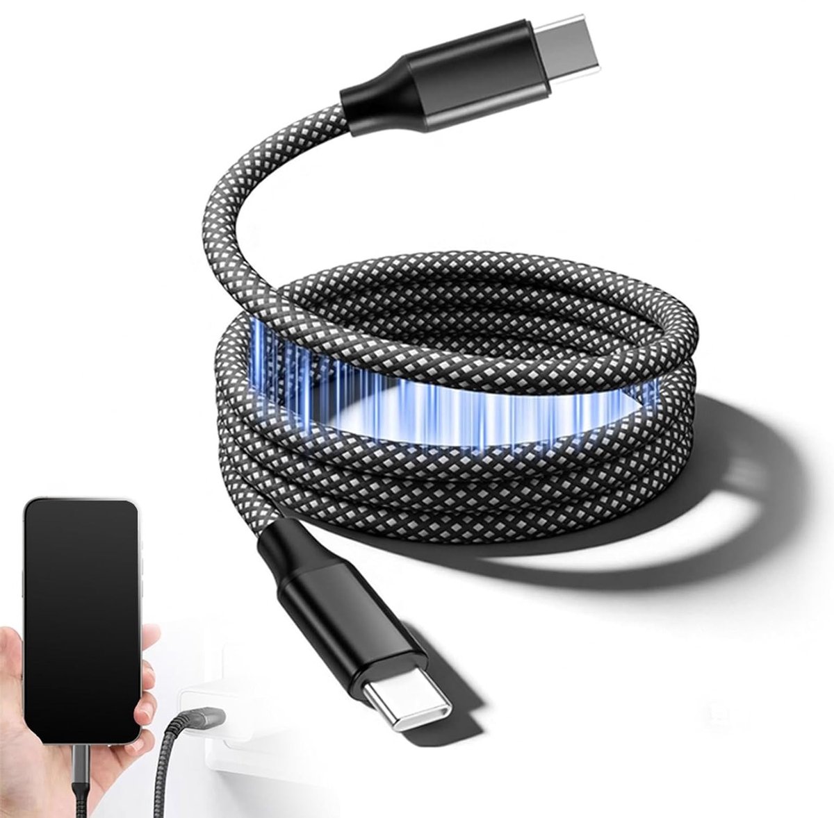 Spiraalvormige magnetische USB C-kabel, intrekbare gevlochten nylon oplaadkabel 65W, 1 m, compatibel met iPhone 17/16/15 Pro en andere USB-C apparaten