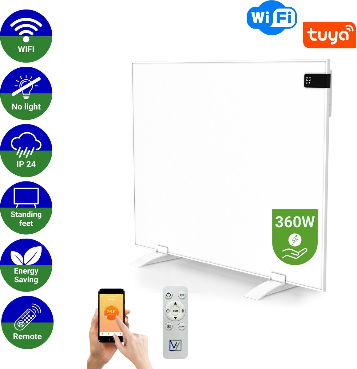 Bol.com VH Infrarood paneel Superia - 60 x 60 cm - 360 Watt - Geïntegreerde thermostaat - Smart Home Wifi - Inclusief voetjes - ... aanbieding