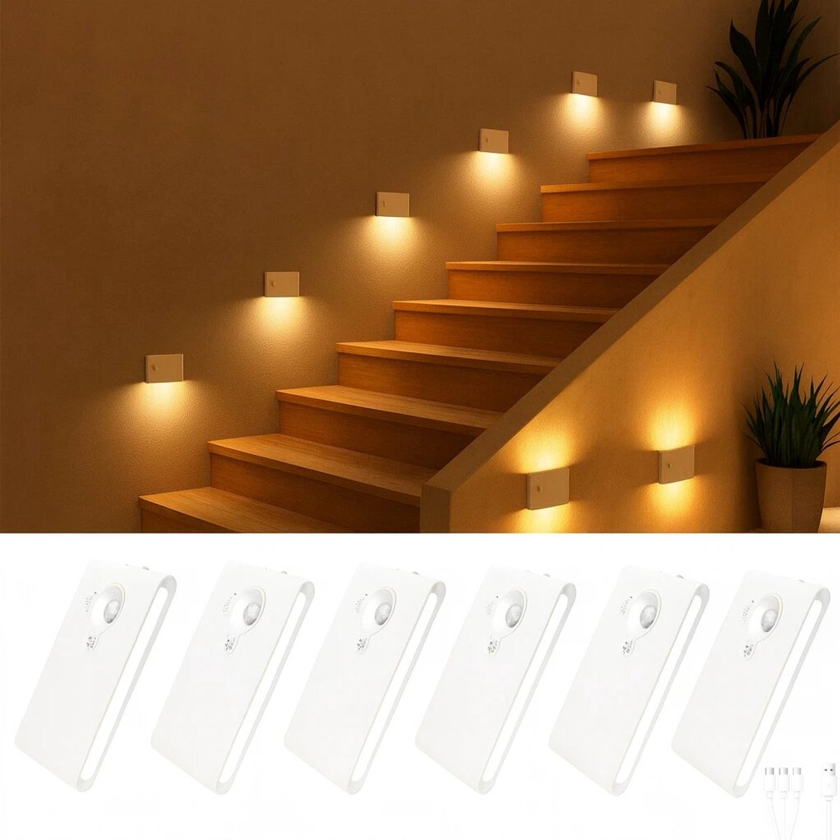 Epochglo Nachtlampje met Bewegingssensor Set van 6 - USB-C Oplaadbaar - 3 Lichtkleuren - Dimbaar - Magnetische Plakstrip - LED Trapverlichting & Kastverlichting Voor Gangen, Kinderkamers, Slaapkamers, Keuken - Wit