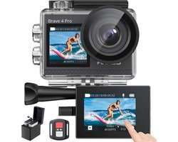 AKASO Brave 4 Pro Action Camera 4K – WiFi – 40 m Waterdicht – Dubbel Touchscreen – 5× Zoom – Afstandsbediening – Inclusief Accessoires & 2×1350mAh Batterije – Onderwatercamera met 64GB SD-kaart – Grijs
