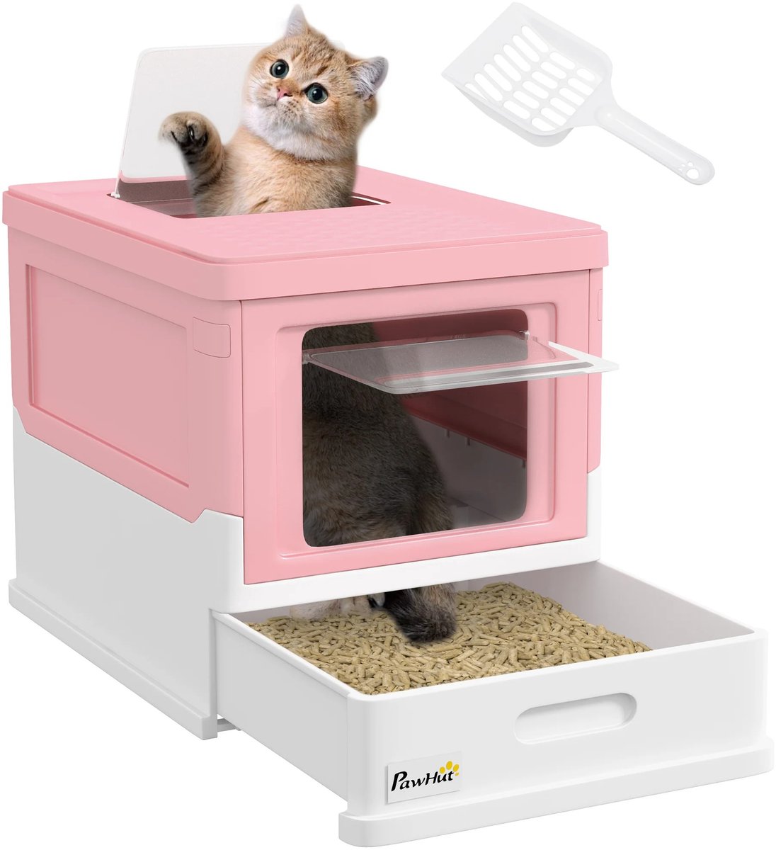 Geargalaxy Kattenbak - Kattentoilet - Kattenwc - Kattenbak Systeem - Kattenhuis met Dubbele Deur - Uitneembare Lade - 47,5x36,7cm - Roze/Wit