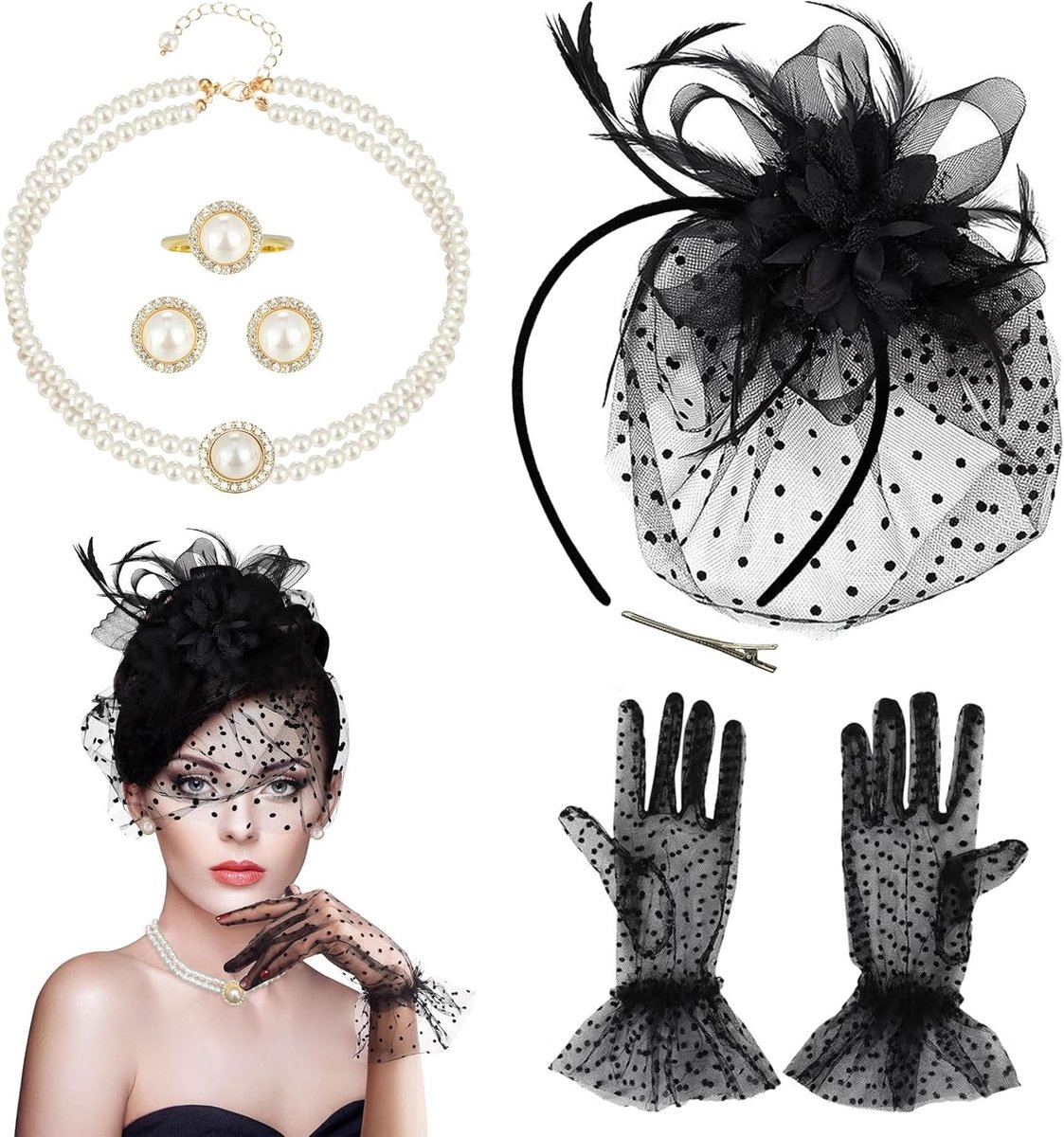 Vrouwelijke Fascinators Set van 5, Vintage Theeparty Hoed met Handschoenen en Nepparels voor Carnaval en Halloween Feestjes