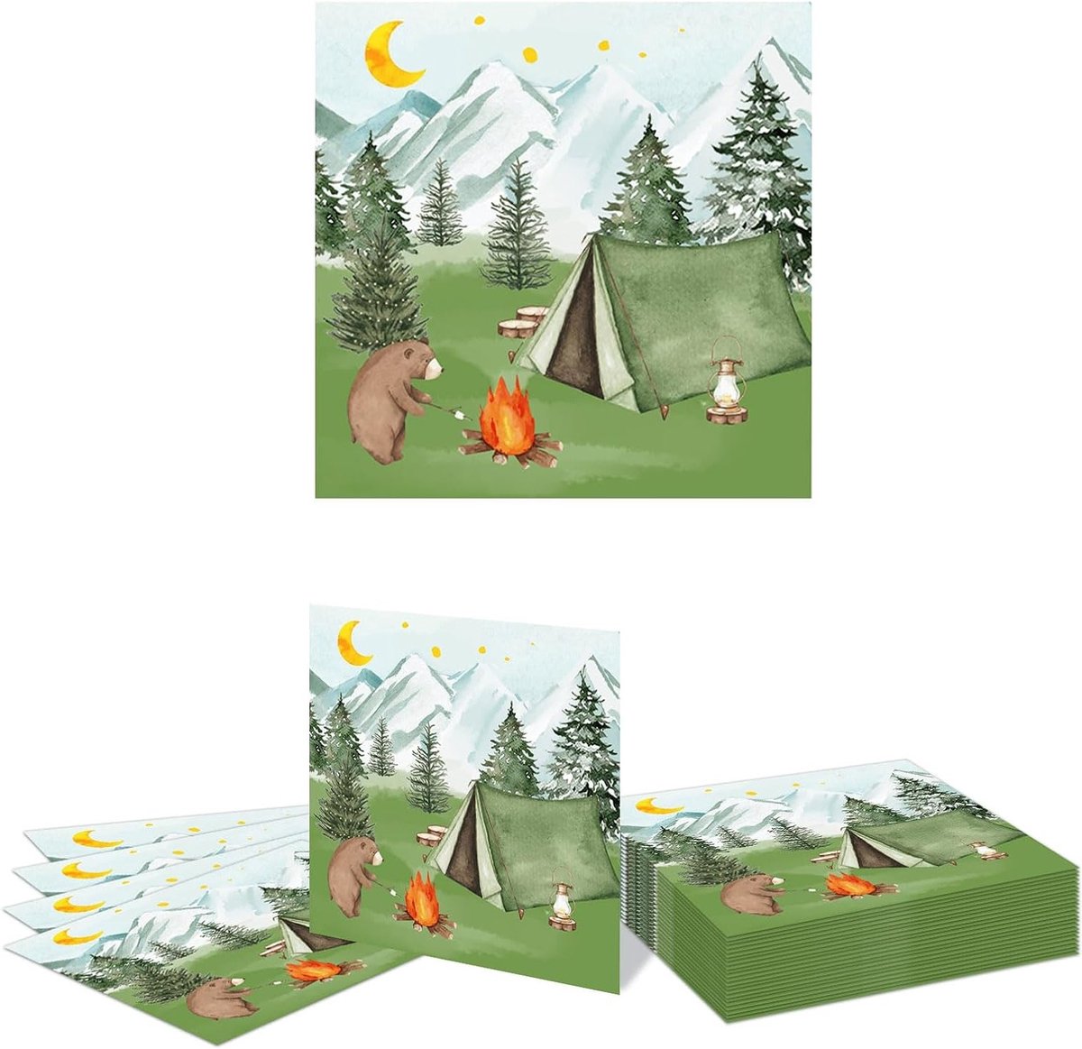 20 Stuks Papieren Servetten voor Camping, Verjaardagsdecoraties met Tent, Vuur en Beer voor Avontuurlijke Feesten en Hiking
