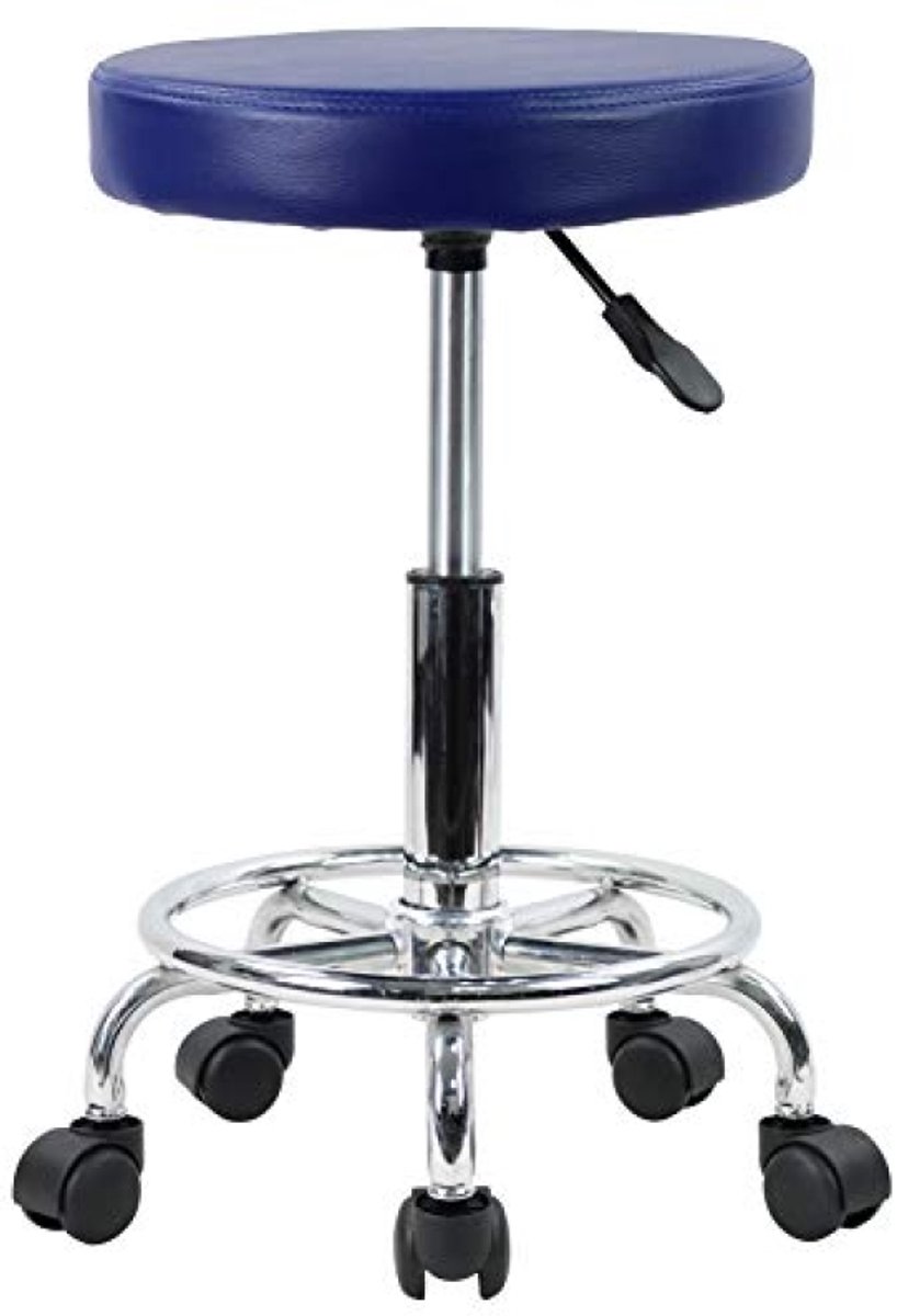 PromoHome PU Leren Ronde Rolkruk met Voetsteun – Draaibaar, Hoogteverstelbaar, 360° Zwenkbaar, Zitkruk voor Kantoor, Salon, Tattoo, Werkplek (Blauw)