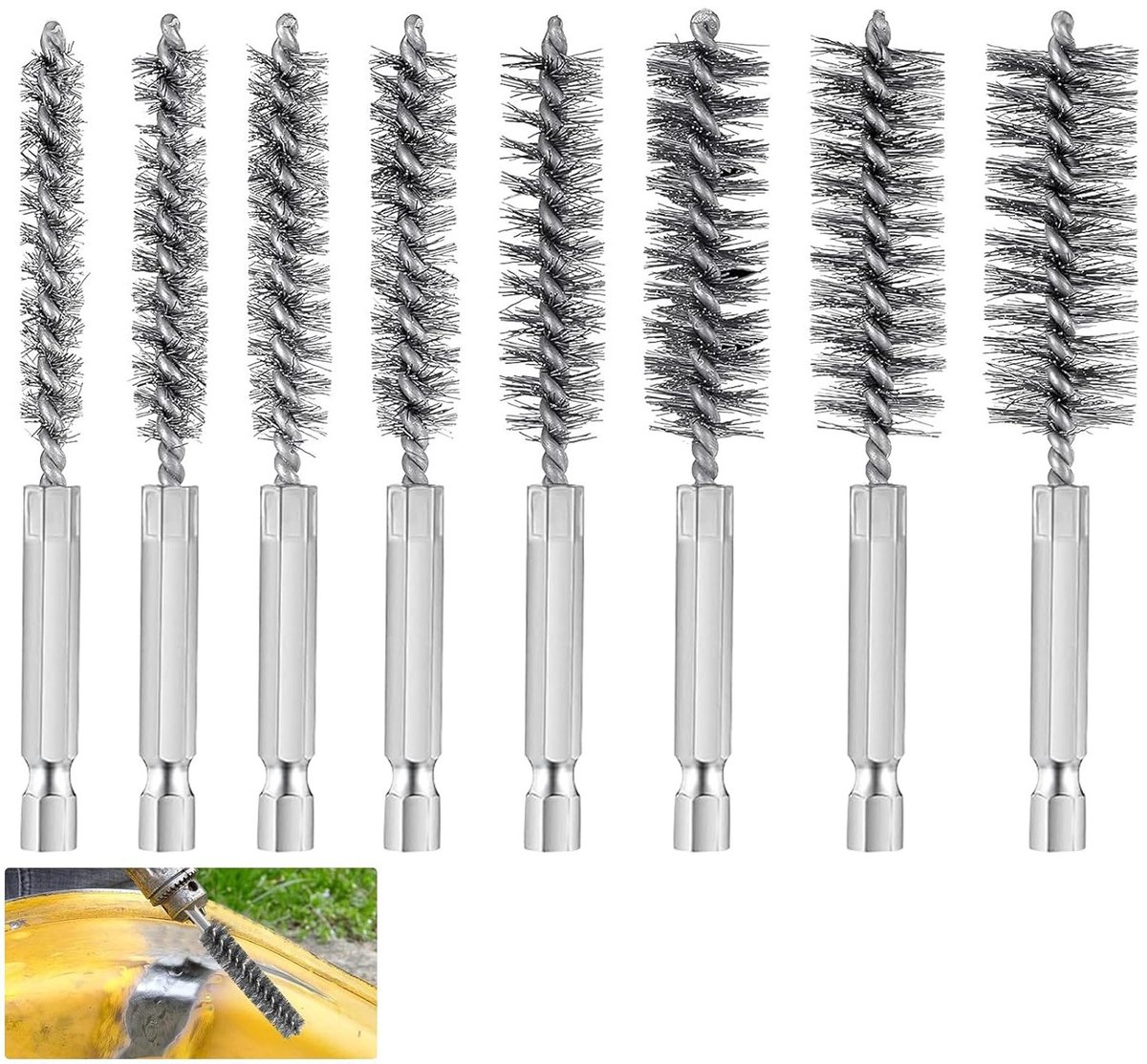 Set van 8 cilindrische draadborstels voor het reinigen van verwarmingsketels en leidingen, diverse diameters van 8mm tot 15mm