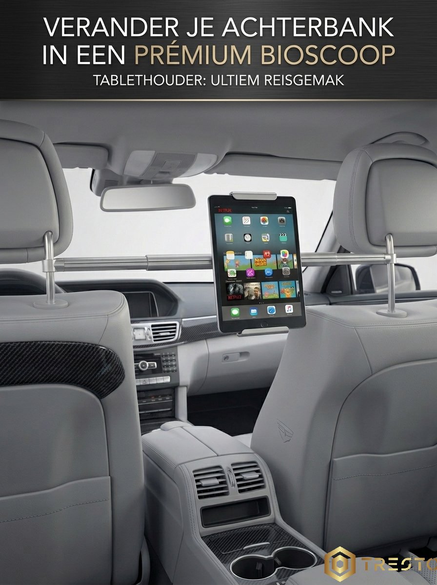 TRESTO® - Tablet Houder Auto Hoofdsteun – Universeel 7-11 Inch – Verstelbaar & Stevig – 360° Draaibaar – Achterbank Tablet Houder – iPad & Samsung Galaxy Tablet – Auto Accessoire voor Reizen & Kinderen