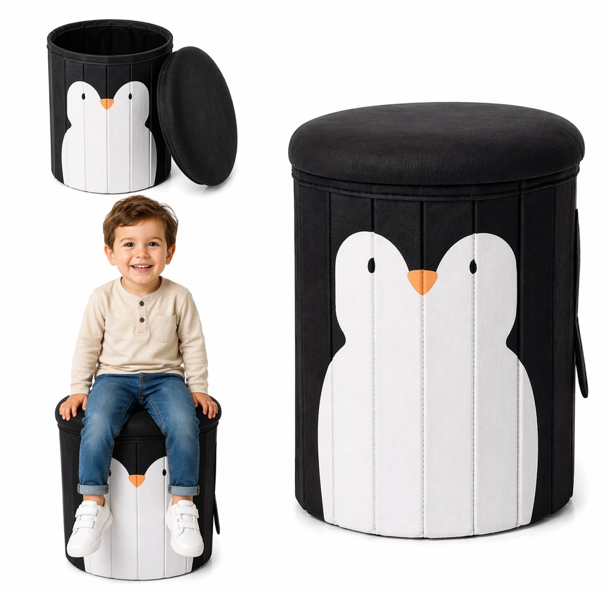 LuxaLiving Opbergpoef met Deksel – Kinderpoef Pinguïn – Zitpoef met Opbergruimte – Speelgoed Opbergbox – 28 x 28 x 34 cm