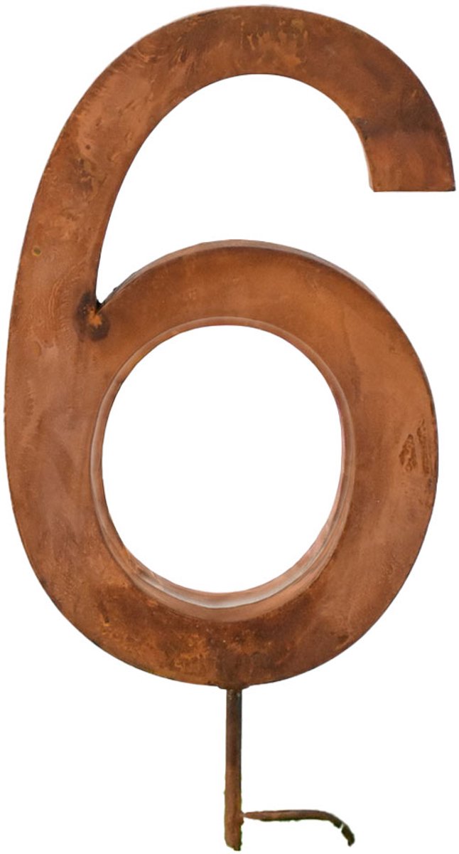 UNUS® Metalen huisnummer 6 met staaf en ophangoog 60 cm roestlook