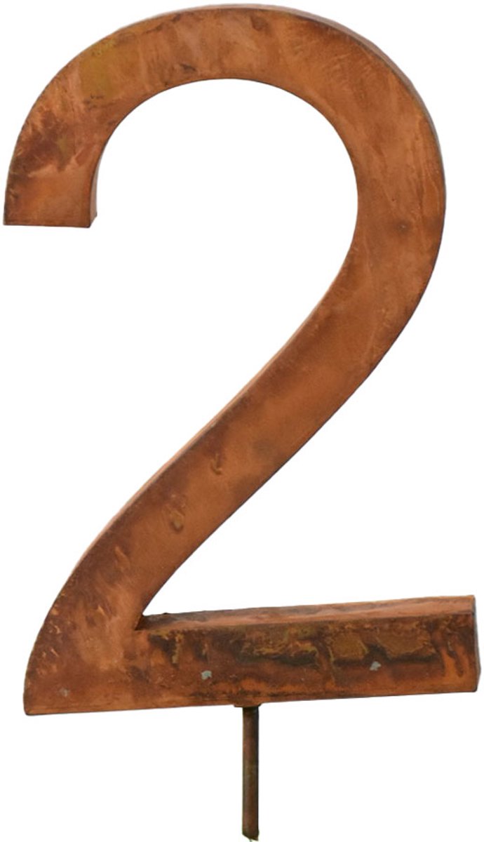 UNUS® Metalen huisnummer 2 met staaf en ophangoog 60 cm roestlook