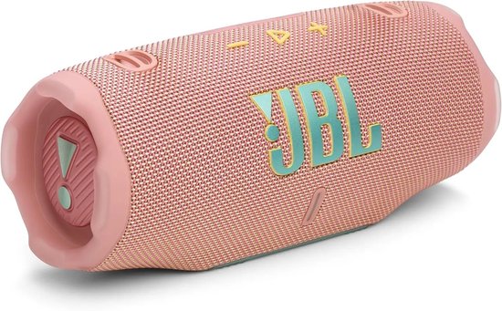 Roze JBL Charge 6 Bluetooth speaker met blauwe JBL logo en bedieningsknoppen.