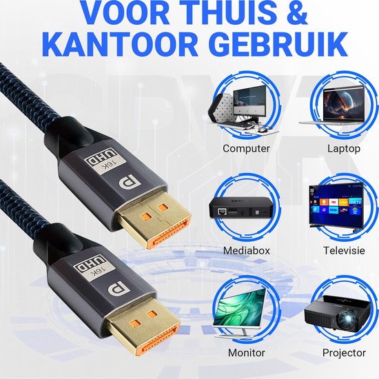 Twee DisplayPort 2.1 kabels met grijs omhulsel en gouden connectoren. Iconen tonen computer, laptop, mediabox, TV en projector.