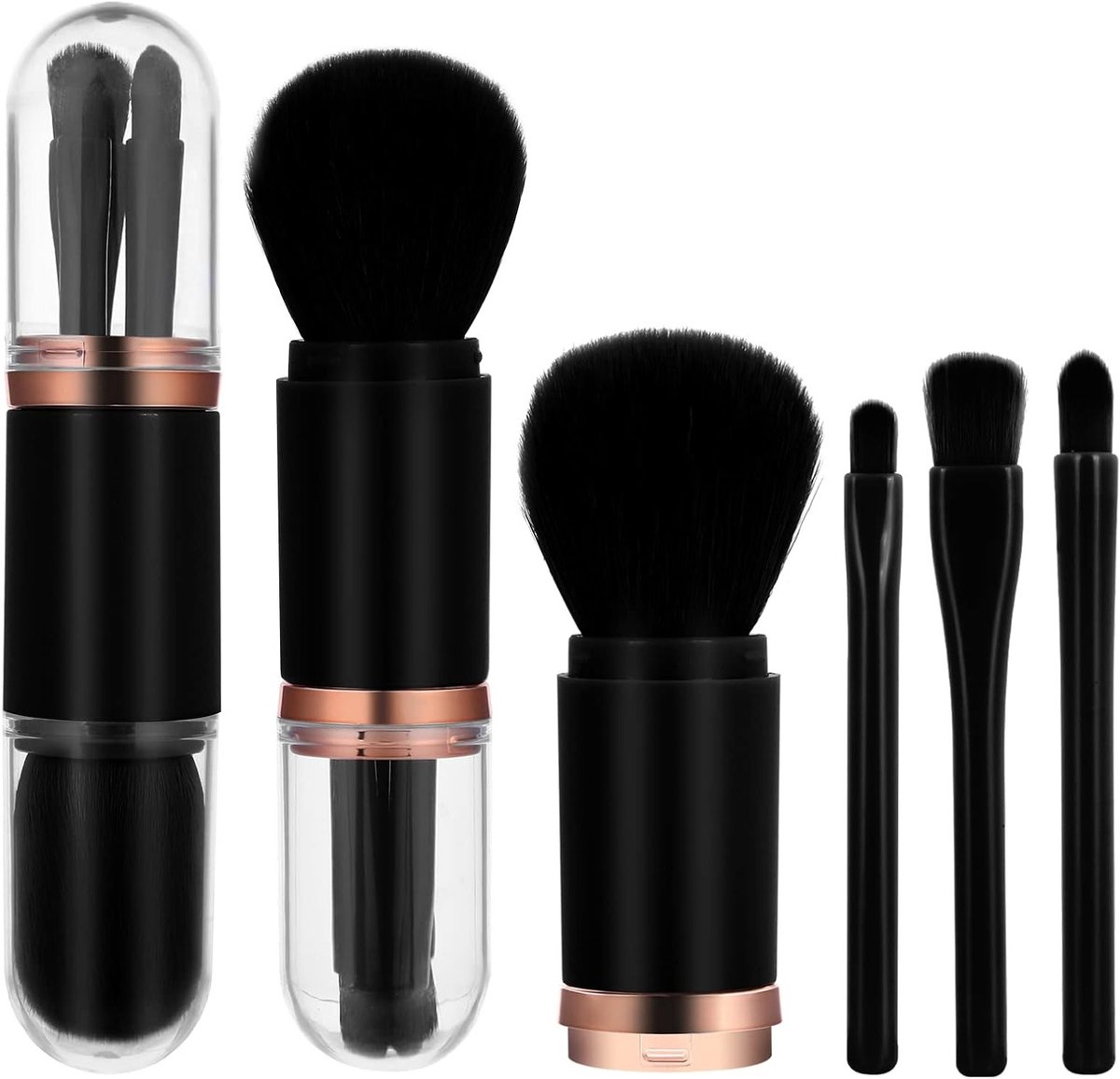Draagbare Make-up Borstelset voor Reizen, Mini Gezichtsborstels, Highlighter, Oogschaduw, Foundation en Poeder Borstel (Zwart)