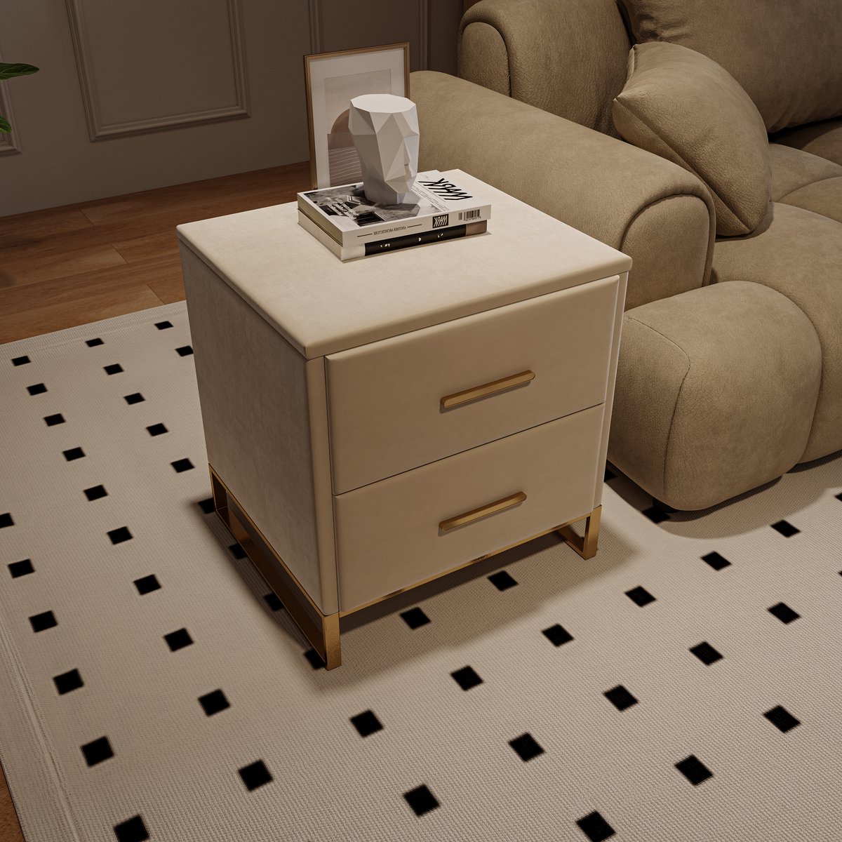 Nachtkastje Beige Fluweel 40x40x50 cm – Met 2 Lades, Gouden Metalen Frame – Modern Nachtkastje