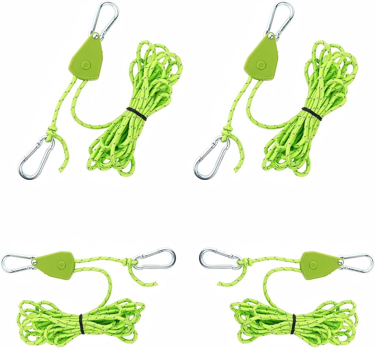Pack van 4 Lichtgewicht Guy Ropes - Tentkoord - Reflecterend Tenttouw met Spanner - Instelling voor Buiten Camping - Tenten - Luifels - Draagvermogen 68 kg (4 mm x 4 m) Groen