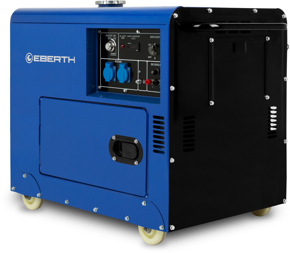 EBERTH 5000 watt dieselnoodstroomaggregaat, stroomgenerator, 10 pk dieselmotor, viertakt, elektrische start, 2x 230 V, 1x 12 V, automatische spanningsregelaar (AVR), mobiel stroomaggregaat, behuizing, handgrepen, wielen