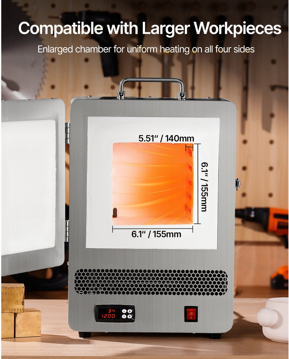 Elektrische Smeltoven - Keramiekoven - Aardewerk Bakoven - Sieraden Oven - PID Temperatuurregeling - 1500W Verwarmingselement - Max 1200°C - Verloren Wasgieten - Metaalklei Bakken - Tafelmodel - Roestvrij Staal Behuizing - DIY Smeltoven – foto 5