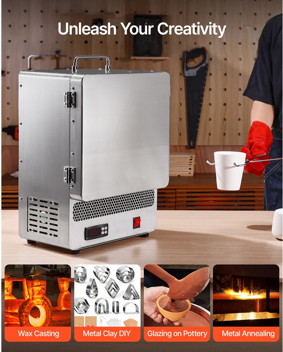 Elektrische Smeltoven - Keramiekoven - Aardewerk Bakoven - Sieraden Oven - PID Temperatuurregeling - 1500W Verwarmingselement - Max 1200°C - Verloren Wasgieten - Metaalklei Bakken - Tafelmodel - Roestvrij Staal Behuizing - DIY Smeltoven – foto 4