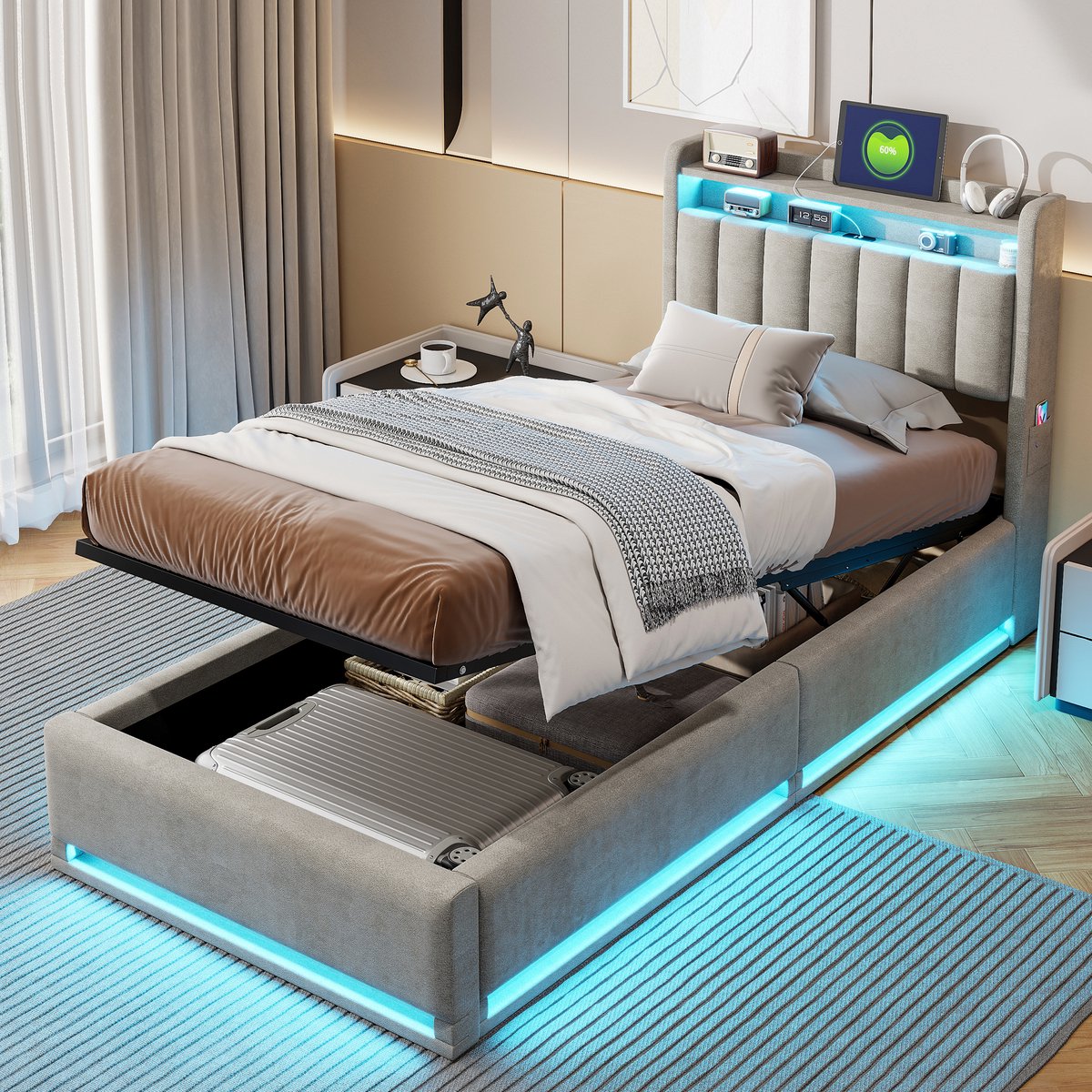 ROSAHQNDA Eenpersoonsbed 90 x 200 cm, gestoffeerd bed met ledverlichting en usb-poort, opbergruimte in het hoofdeinde, hydraulische rails, fluweel, grijs