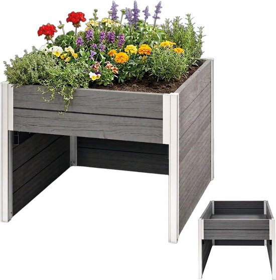 2-in-1 verhoogde plantenbak met robotmaaier garage, houtlook kunststof, aluminium frame, 73x79x56 cm, weerbestendig
