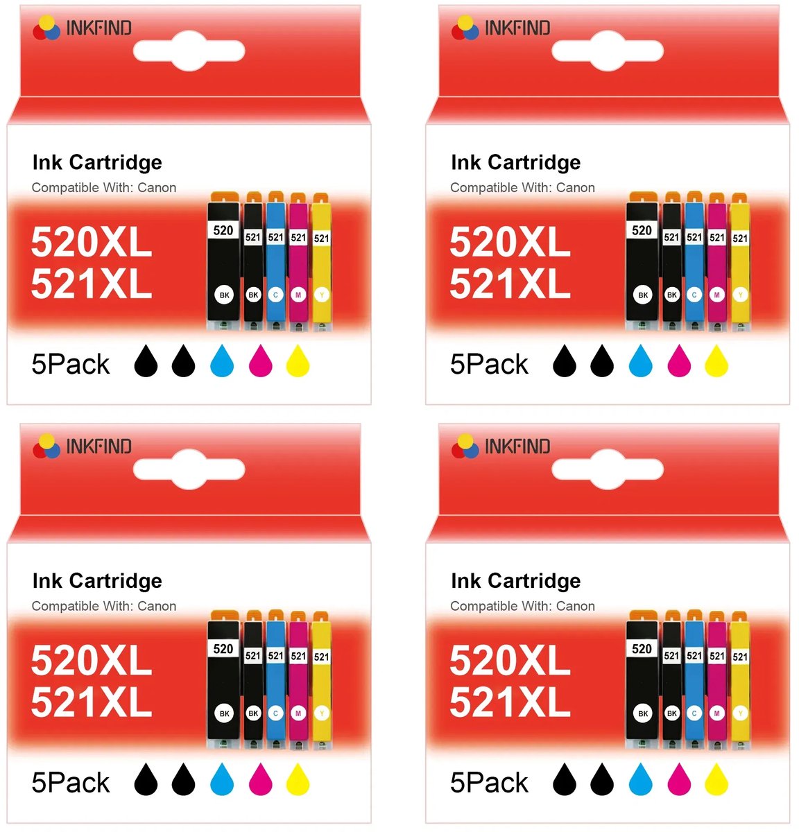 INKFIND 520XL 521XL inktcartridge voor Canon 520XL 521XL PGI-520XL CLI-521XL PGI520 CLI521 inktcartridge multipack 20 stuks (4*5pack=Zwart x 4, foto Zwart x 4, Cyaan x 4, Magenta x 4, Geel x 4) Canon Pixma IP3600, IP4600, IP4700, MP540, MP550, MP620