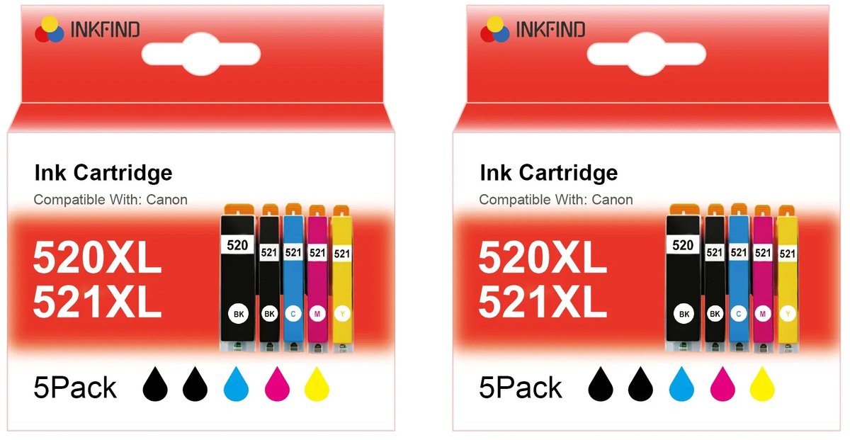 INKFIND 520XL 521XL inktcartridge voor Canon 520XL 521XL PGI-520XL CLI-521XL PGI520 CLI521 inktcartridge multipack 10 stuks (2*5pack = foto Zwart x 2, Zwart x 2, Cyaan x 2, Magenta x 2, Geel x 2)