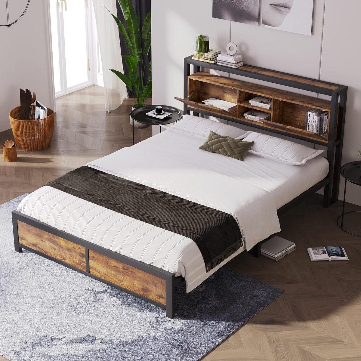 Industrieel Tweepersoonsbed 140x200 cm met Opbergruimte in Hoofdbord, Metalen Lattenbodem & Onderbed Opbergruimte, Gestoffeerd Bedframe zonder Matras, Naturel