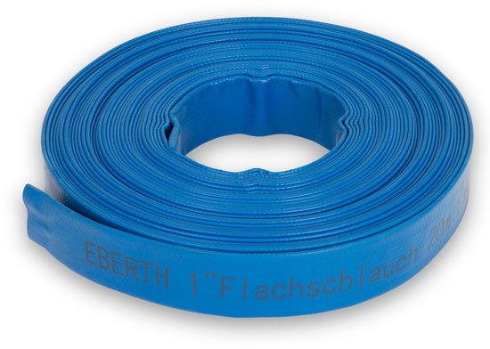 Blauwe, opgerolde platte EBERTH 1 inch tuinslang met de tekst 'EBERTH 1" Flachschlauch'.