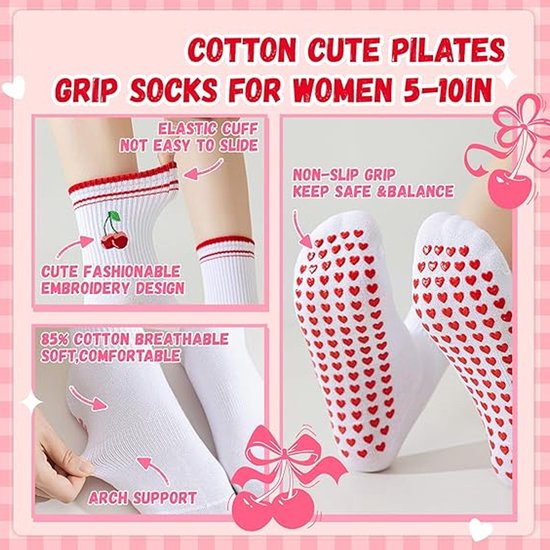 6 Paar - Dames Ruche Antislip Yoga Gripsokken - Antislip sokken - Kersen Hartjes Geborduurde Zachte Sokken - Katoen - Wit - Zachte Ademende Sokken - Voor Binnen Gebruik, Pilates, Ballet & Fitness van Merkloos — afbeelding 5