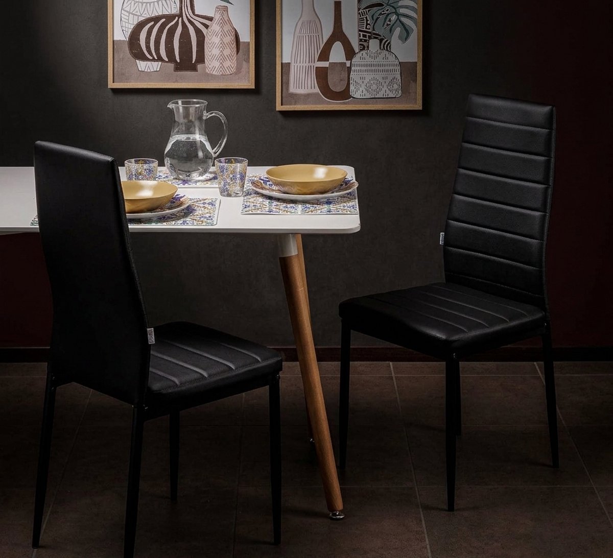 Luxe Moderne Eetkamerstoelen Set van 4 – Ergonomisch Design met Hoge Rugleuning, Kunstleer Bekleding en Stalen Frame, Comfortabele Dining Chairs 40x43x96 cm Zwart