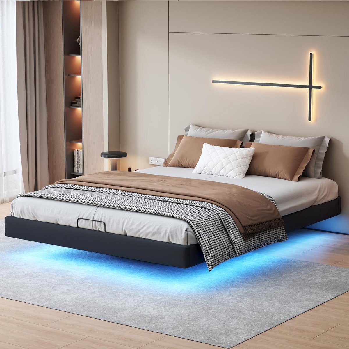 Modern Zwevend LED Bedframe 160x200 cm met Verborgen Poten, Houten Lattenbodem en Stalen Constructie – Tweepersoonsbed Zonder Hoofdbord Zwart