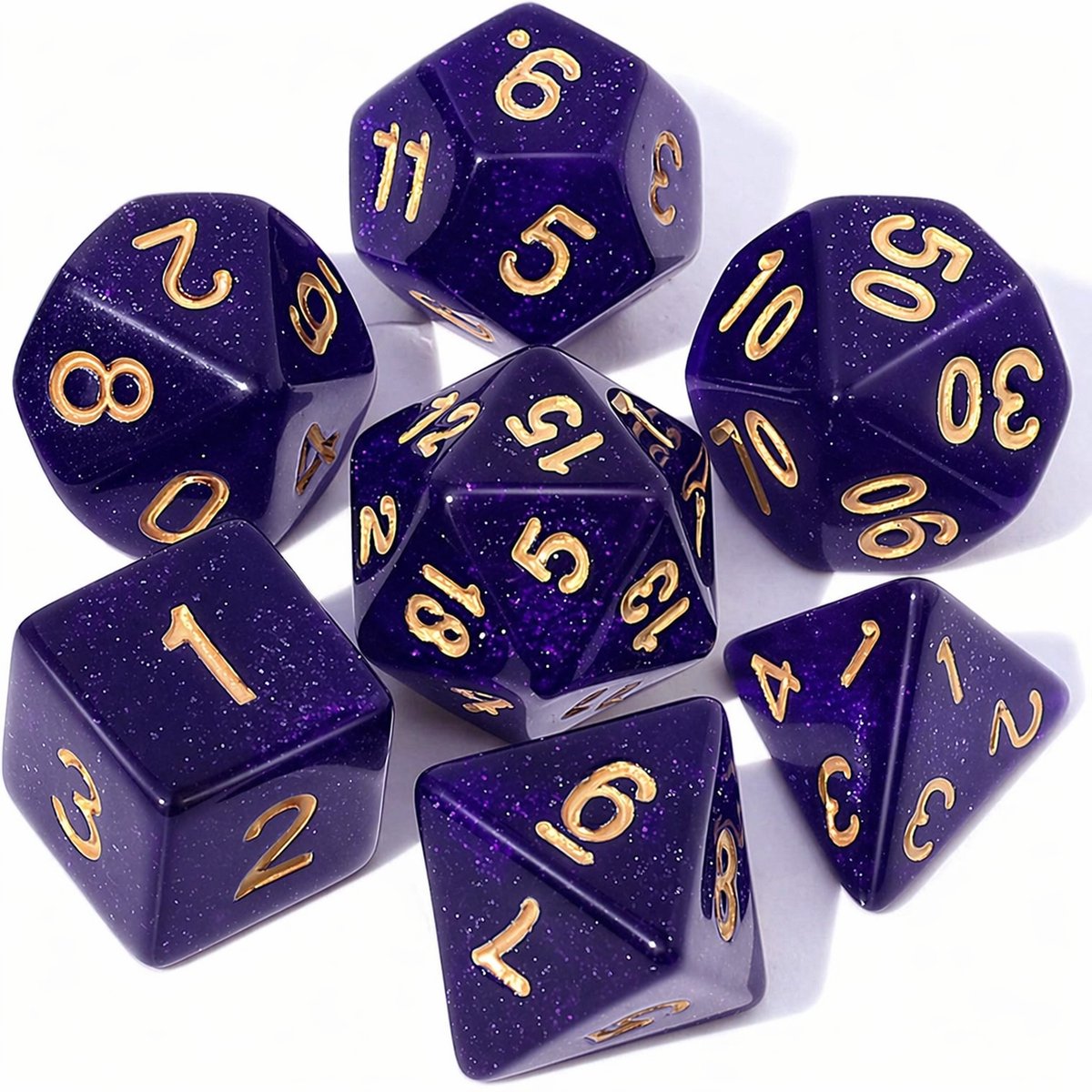 Dobbelstenen Set 7-delig – Paars Glitters D20 D12 D10 D8 D6 D4 – Voor RPG & Tafelspellen