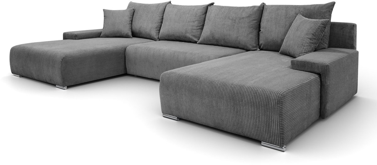 Hoekbank Lauren U-vorm, 348x188 cm met Slaapfunctie en Opbergbak, 5-zits, Opbergruimte voor Beddengoed, Grote bank, Hoekbank, Corduroy, Grijs