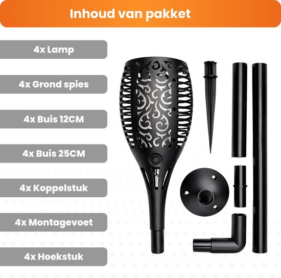 Inhoud van het pakket: 4 lampen, 4 grondspiesen, 4 buizen van 12cm, 4 buizen van 25cm, 4 koppelstukken, 4 montagevoeten, 4 hoekstukken.
