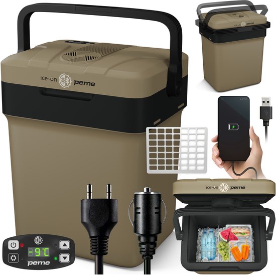 PEME Essential - Elektrische Koelbox - Thermo-elektrisch - 25.7L - 12V Autolader - 220/230V Stopcontact - Koelt en verwarmd Frigobox - Sand Storm