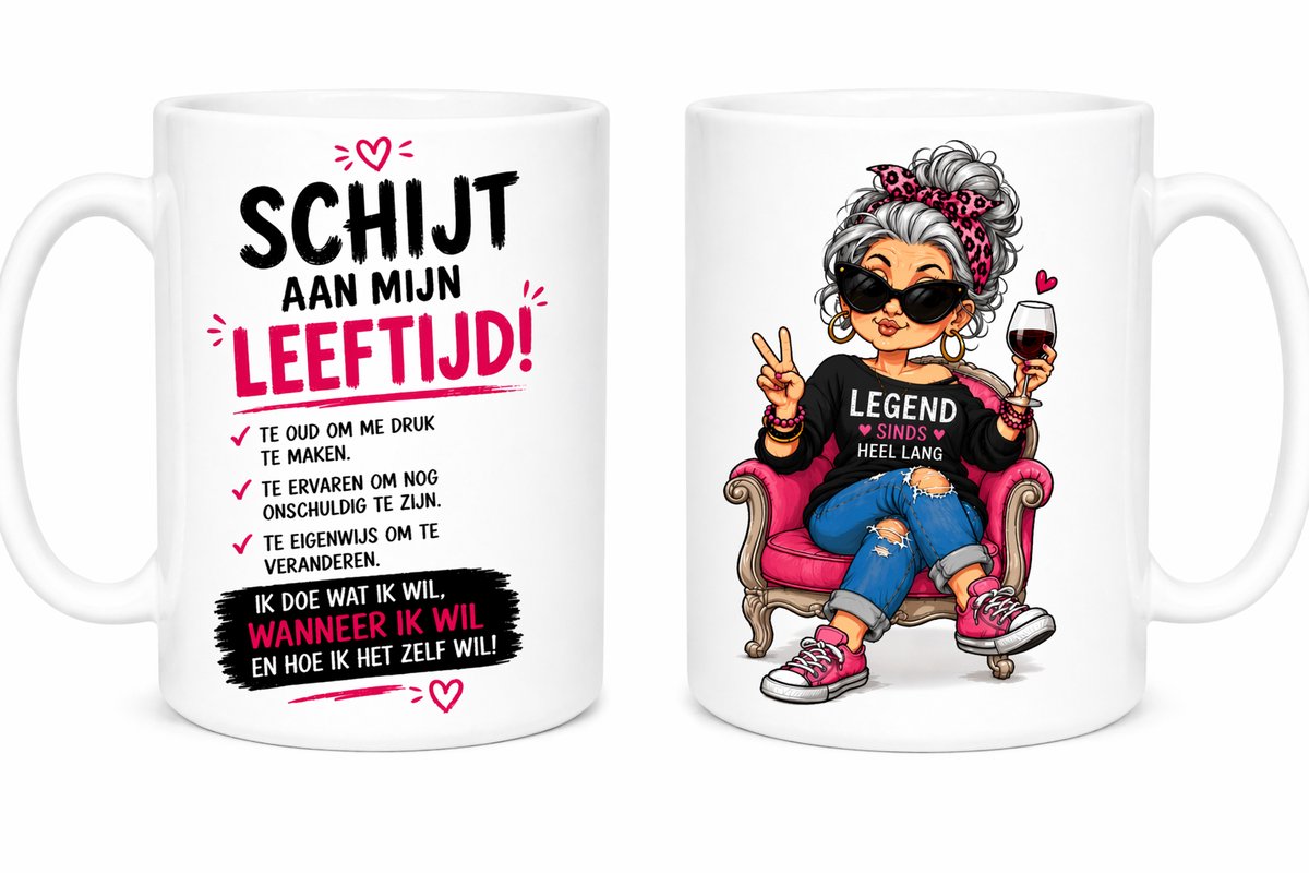 bedrukte Beker / mok met tekst en afbeelding - schijt aan mijn leeftijd