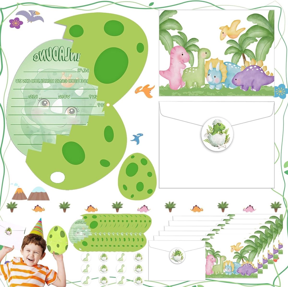 36 Dinosaurusthema Uitnodigingen voor Kinderverjaardagen, Inclusief Stickers en Feestdecoratie