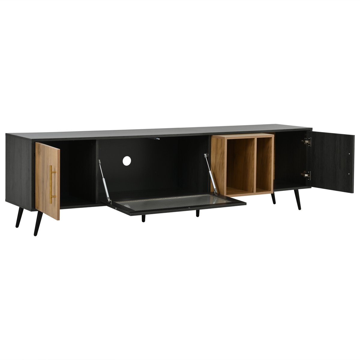 TV meubel 200x40x55,5 cm - tv kast voor 90 inch - donker hout met darker grijze houtlook - 4 deuren - glasdeur - kabelmanagement
