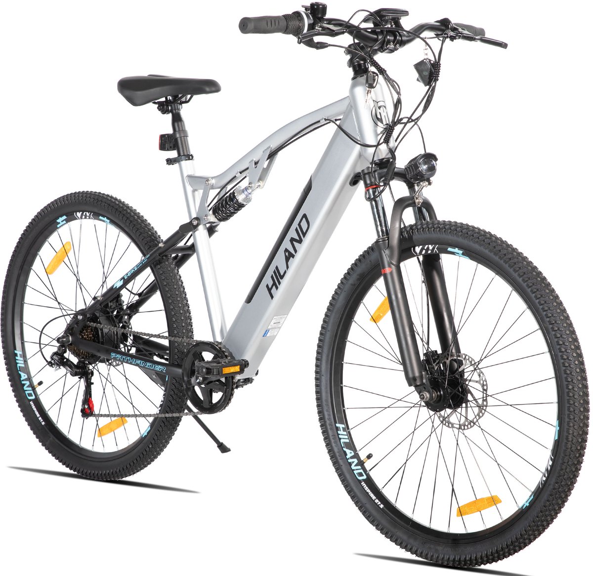 Hiland Spokane Elektrische Mountainbike - 27.5 Inch - Full Suspension - 250W Motor - Shimano 7 Versnellingen - Mechanische Schijfremmen - Grijs