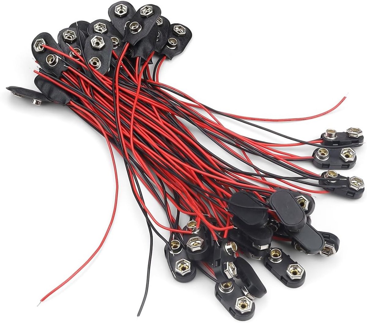 Pack van 40 9V batterij aansluitingen met 150 mm controlekabels en clips voor kleine apparaten