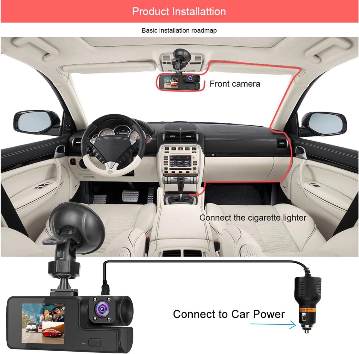 Dashcam - Dashcam voor auto - 1080P Dubbele Dashcam - 170° Groothoek Voertuigcamera - WDR, G-sensor - Loopopname, Nachtzicht – foto 2
