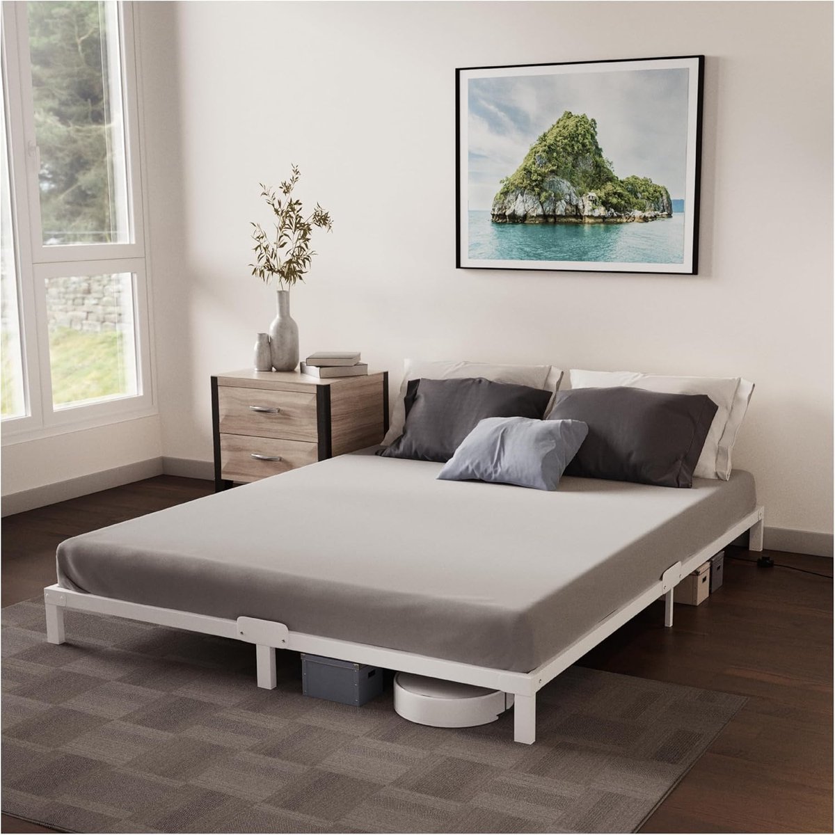 Modern Metalen Tweepersoonsbed 160x200 cm - Extra Stabiel Bedframe met 25 cm Hoogte en Royale Opbergruimte - Minimalistisch Wit Design inclusief Lattenbodem