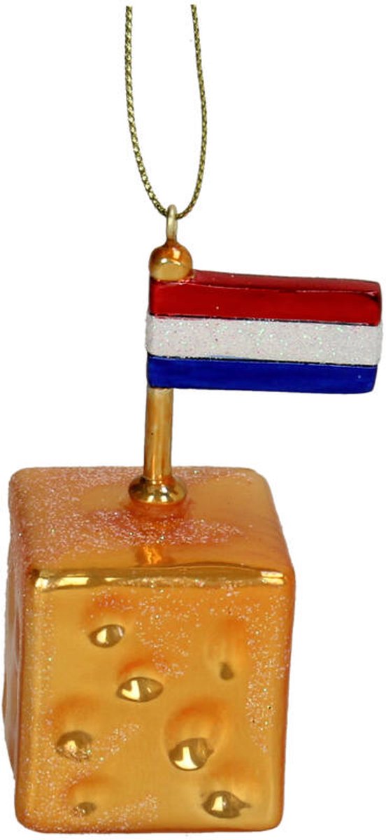HD Collection Kerst Ornament Dutch Cheese blokje Kaas Glas Geel – Glazen Kersthanger – Delicieux Collectie – 8 cm – Trendy Kerstdecoratie