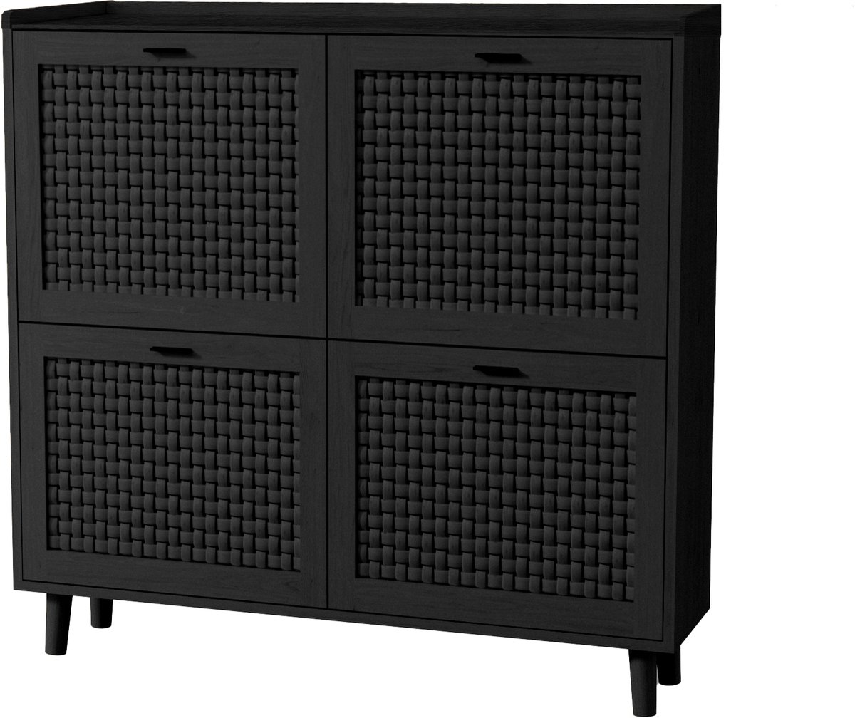 Dubbele kantelbare schoenenkast – Rotan look – 100x24x95cm - Zacht sluitend – Verstelbare plank – Anti-kantel – Zwart