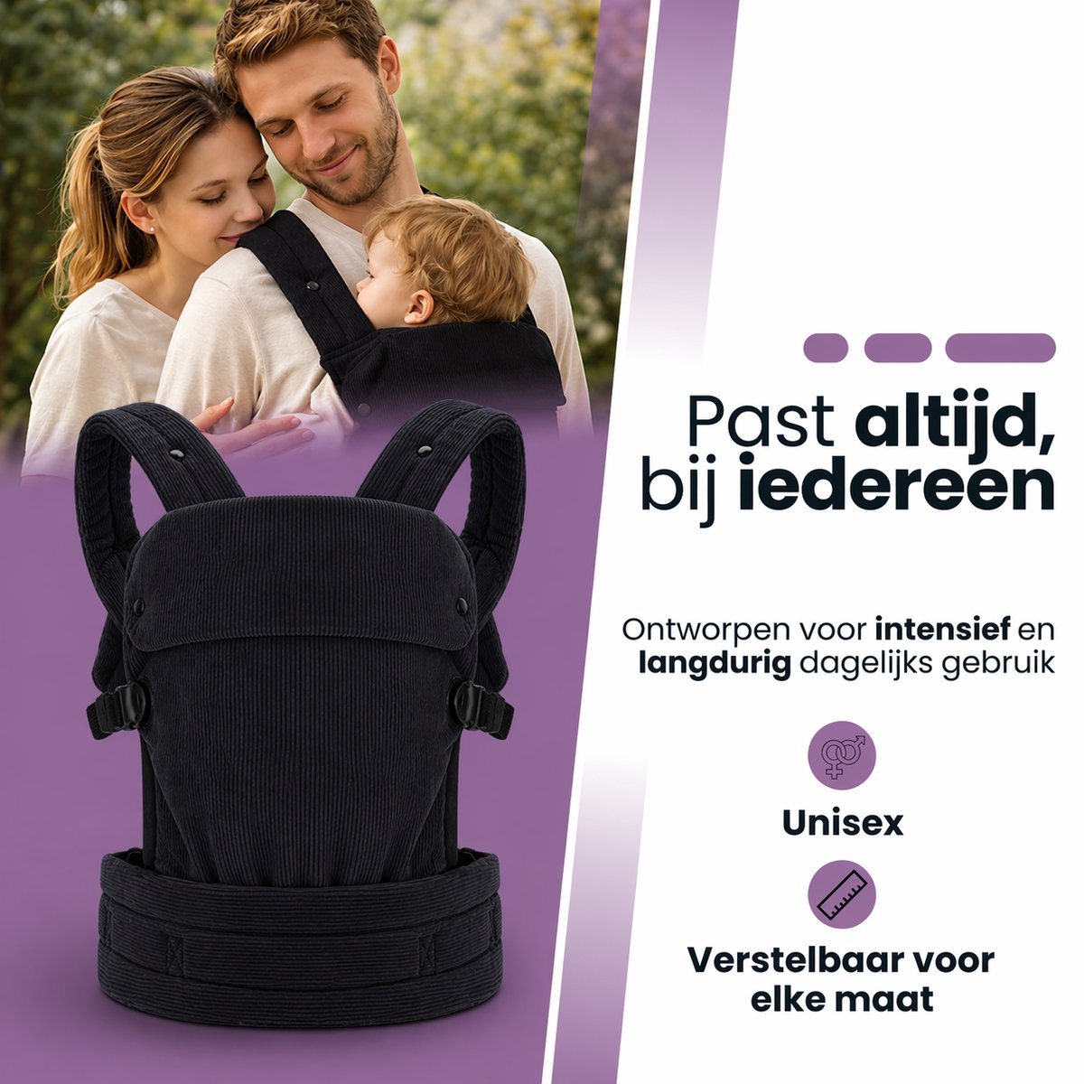 Laavir® Baby Draagzak Corduroy - Comfortabele Buikdrager met Verstelbare Band - Voor 0 tot 36 Maanden - Zacht & Ademend - Zwart – foto 4