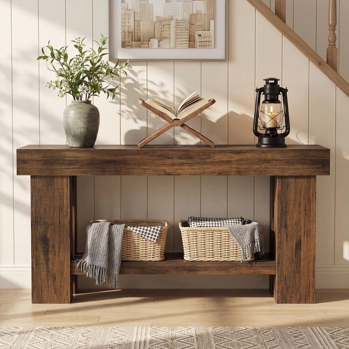 Tribesigns Consoletafe met 2 niveaus - industriële Sidetable met Opbergplank - Rustiek Bruin - 160 x 30 x 81.5 cm - Console Tafel voor Hal, Woonkamer, Entree